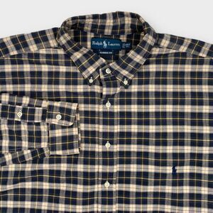VINTAGE Ralph Lauren Shirt Mens 2XLT Tall Beige Black Check Woven Button Down